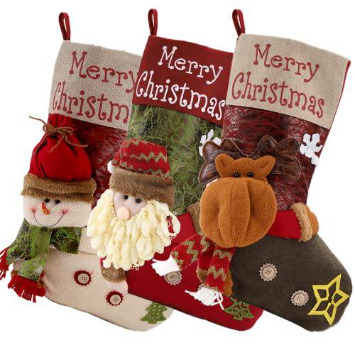 Peohud 3 팩 19 크리스마스 스타킹, 라지 걸수있는 크리스마스 스타킹 3D 봉제 산타, 눈사람, 순록, 크리스마스 캐릭터 데코,장식 가정용 난로, 크리스마스 파티