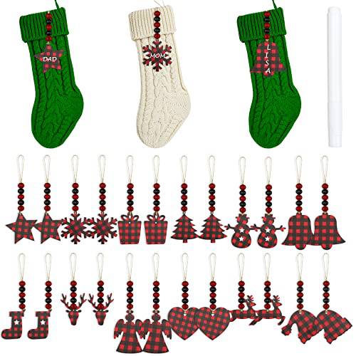 24 Pcs 크리스마스 우드 망사 명함 태그, Buffalo 플레이드 망사 나무 태그 비즈,구슬, Buffalo 플레이드 걸수있는 장식 망사 태그 크리스마스 Farmhouse 크리스마스트리 데코,장식 (크리스마스 패턴)