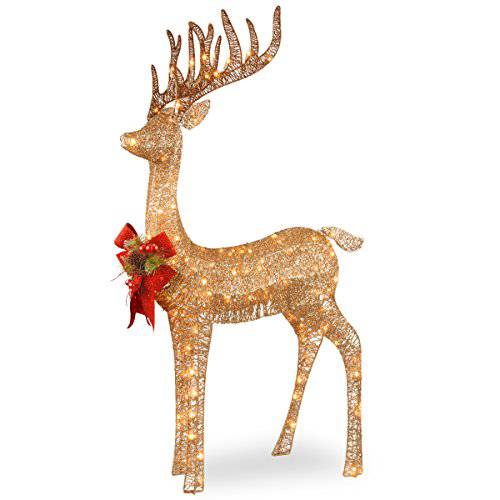 National 트리 Company lit 인조 크리스마스 장식 포함 Pre-Strung 화이트 LED 라이트 and 그라운드 스테이크, 4 ft, Sisal Splendor 샴페인 스탠딩 사슴