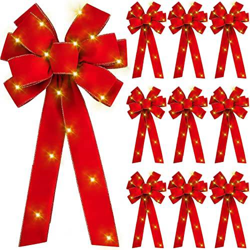 20 Pcs 크리스마스트리 보우 LED 레드 리본 Bows, 10.6 x 27.5 인치 라지 크리스마스 라이트 Bows 크리스마스트리 토퍼,데코 보우 벨벳 골든 Edged 화환 보우 크리스마스 아웃도어 데코,장식