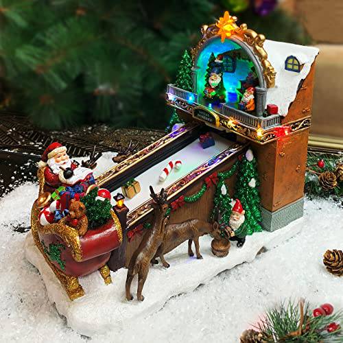 Moments In 타임 크리스마스 빌리지 빌딩, Santa’s 장난감 Shop Conveyer 벨트 Loading his Sleigh 크리스마스 음악, LED 라이트, and 애니메이션 - 파워 어댑터 (포함) (10.4 H x 7.2 W x 10.6 D