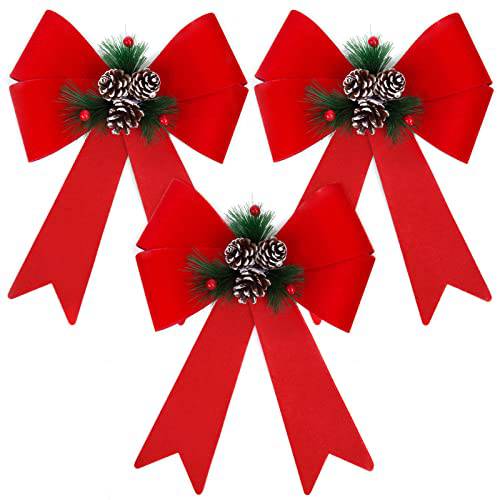 JOHOUSE 3PCS 크리스마스 Bows, 12Inch 레드 벨벳 Bows 라지 장식용 크리스마스 보우노트 소나무 콘 레드 베리 크리스마스 트리 화환 홈 장식 장식