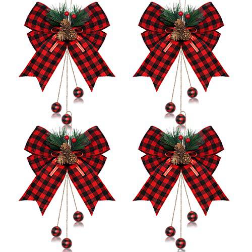 Syhood 4 피스 크리스마스트리 화환 보우 Buffalo 플레이드 보우 소나무 콘 라지 크리스마스 장식용 Bows 가정용 파티 크리스마스트리 장식, 9.8 x 11.8 인치 (레드 and 블랙 플레이드)
