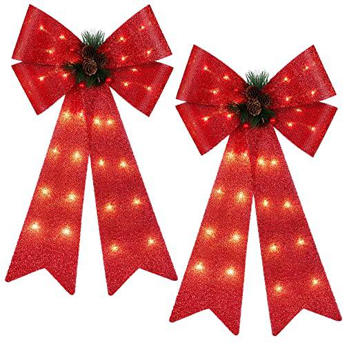 ANVAVO 2 팩 레드 크리스마스 화환 Bows LED 라이트 12 x 24 인치 크리스마스트리 Bows 장식 솔방울 홀리데이 장식용 Bows 화환 홈 장식품