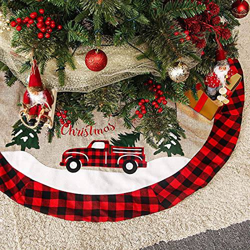 크리스마스트리 스커트, 48 인치 레드 트럭 크리스마스트리 스커트 Buffalo 플레이드 엣지 트리 데코,장식 크리스마스 홀리데이 파티