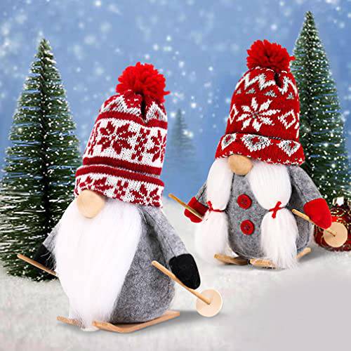 겨울 Gnomes 데코,장식 가정용 - 2 팩 크리스마스 스키타기 Gnomes - 겨울 썰매 Gnomes 우드 스키 and 스키 폴, 크리스마스 데코,장식 테이블 주방 장식, Knomes Nomes