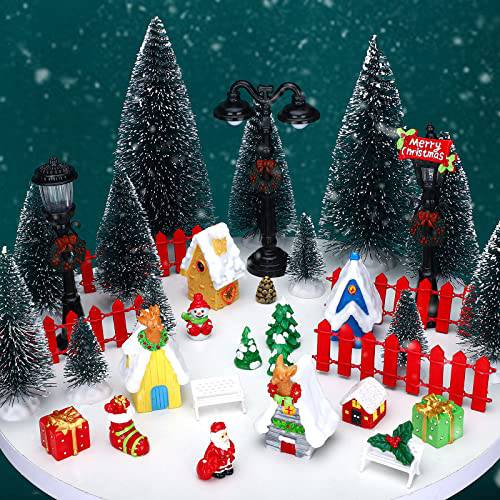 39 Pcs 크리스마스 빌리지 주택 인형 장식 세트 크리스마스 미니사이즈 장식품 미니 가든 악세사리 키트  산타클로스 Snowmen 순록 벤치 스트리트 램프 크리스마스트리