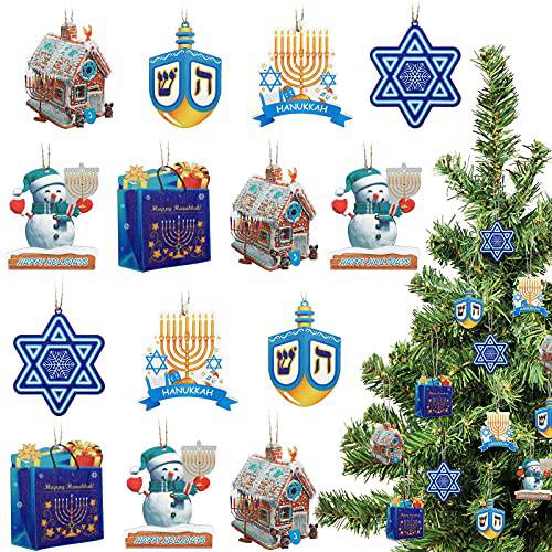 Hanukkah 장식품 나무 Chanukah Jewish Dreidel Jewish Menorah Hanukkah 6-Pointed 스타 해피 Hanukkah 선물 백 장식품 홀리데이 크리스마스트리 데코 (치크 스타일, 24 피스)