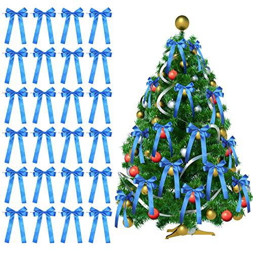 24 Pcs 크리스마스 Bows 화환, 블루 리본 보우 크리스마스 홀리데이 데코,장식 트리, 아웃도어, 마당, 선물 래핑, 실내 홈, 전면 현관, Mantel, 난로, 파티, (4.8*4.4 인치)