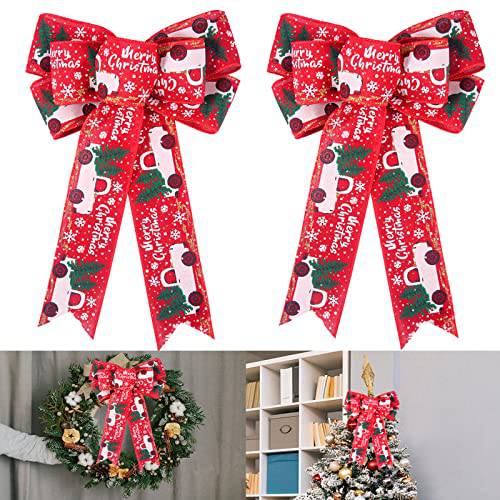2 Pcs 라지 크리스마스 Bows  화환 - 9x13 라지 삼베 크리스마스트리 Bows 스페셜 크리스마스 디자인,  크리스마스트리 토퍼,데코 장식 보우 Presents, 계단, 도어, 실내 아웃도어 데코,장식