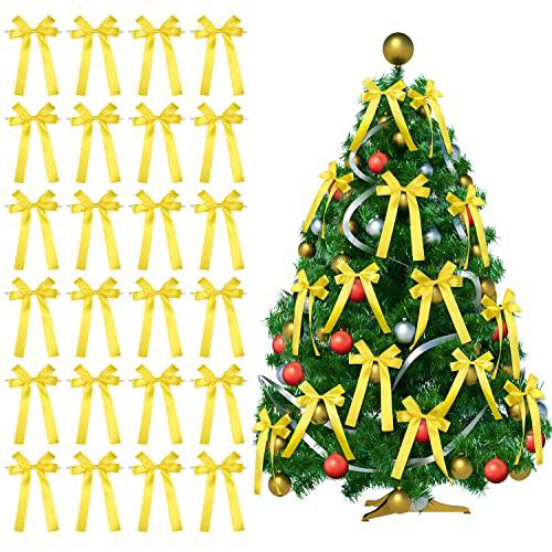 24 Pcs 크리스마스 Bows 화환, Yellow 리본 보우 크리스마스 데코,장식 트리, 아웃도어, 마당, 선물 래핑, 실내 홈, 전면 현관, Mantel, 난로, 파티 (4.8*4.4 인치)