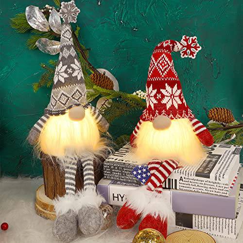 Juegoal 2 팩 라이트 크리스마스 Gnomes Dangling 다리, 19.5Inch 핸드메이드 봉제 스칸디나비아 Swedish Tomte, 라이트 Up Elf 장난감 홀리데이 선물, 배터리 작동 겨울 테이블탑 크리스마스 데코,장식