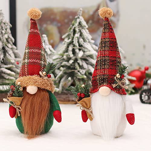 크리스마스 Gnome 데코,장식, 2 크리스마스 장식품 선물 Gnome 봉제 Buffalo 플레이드 크리스마스 데코,장식 홀드 크리스마스트리 가지&  소나무 콘, Swedish Tomte Nordic Elf Farmhouse 계층형 트레이
