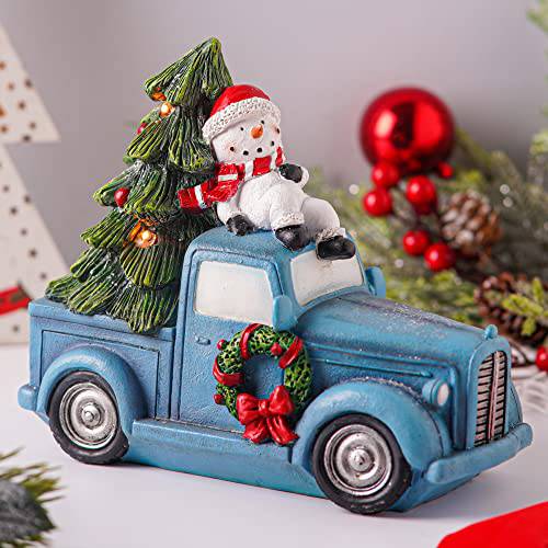 Voltogar 크리스마스 트럭&  눈사람 Statuette 테이블탑 Led 라이트, 빈티지 블루 자동차 피규린,피규어 장식  눈사람& LED 라이트 크리스마스트리, 크리스마스 데코,장식 가정용&  오피스, 7’’