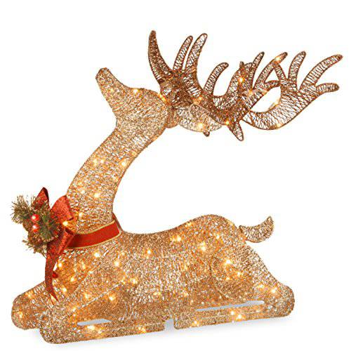 National 트리 Company Pre-lit 인조 크리스마스 장식 | 포함 Pre-strung 화이트 LED 라이트 and 그라운드 스테이크 | Sisal Splendor 샴페인 Lying 사슴 - 4 ft
