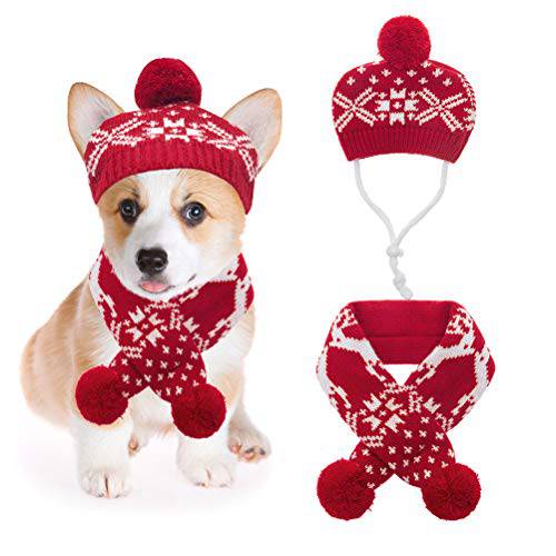 Mihachi  크리스마스 강아지 의상 모자 스카프 세트 니트 눈송이 순록 프린트 2Pcs 겨울 Warm 옷  소형견 고양이 레드 화이트