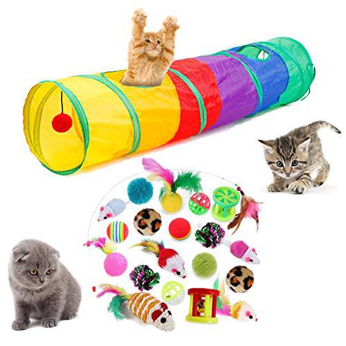 21Pcs 고양이 장난감 Kitten 체험형 애완동물 장난감 모음, 폴더블 레인보우 터널, 고양이 페더 Teaser, 완드 체험형 페더 장난감, 풍성한 마우스, Crinkle 볼, 벨 플레이 고양이, 강아지, Kitty, Kitten