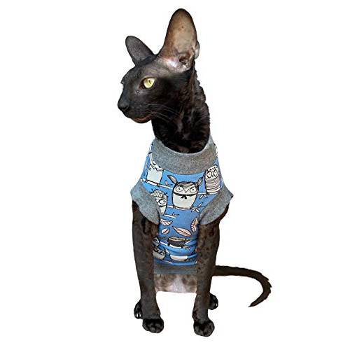 Kotomoda Hairless Cat’s 코튼 스트레치 T-Shirt Tender Owls 블루 Sphynx 고양이 (Xs)