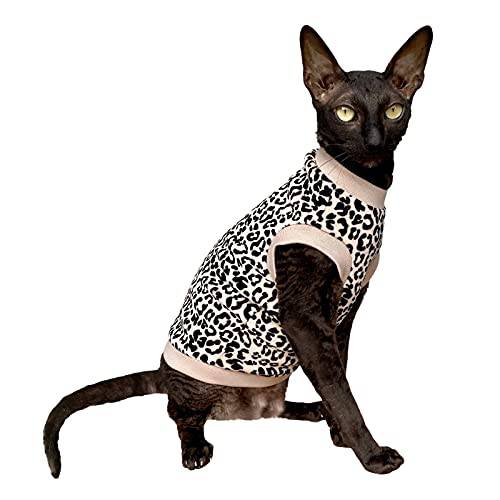Kotomoda Hairless Cat’s 코튼 스트레치 T-Shirt 화이트 호피 오가닉 벨루어 Sphynx 고양이 (Xs)