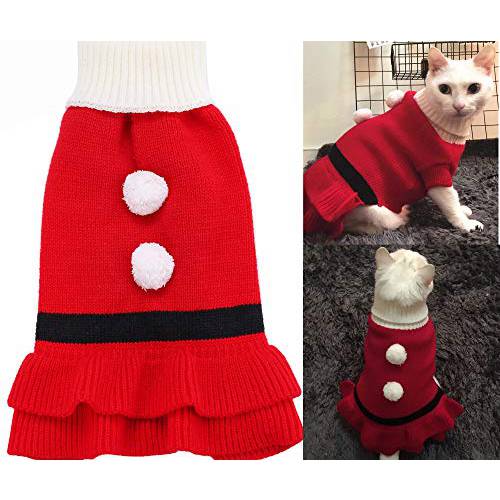 BoomBone 고양이 크리스마스 레드 스웨터 드레스, 강아지 겨울 옷  소형견 걸