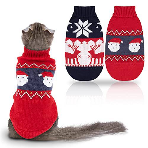 Rypet 2 팩 고양이 크리스마스 스웨터 - 강아지 크리스마스 스웨터 애완동물 터틀넥 니트웨어 순록 산타클로스 패턴 스웨터S Kitten and 소형견