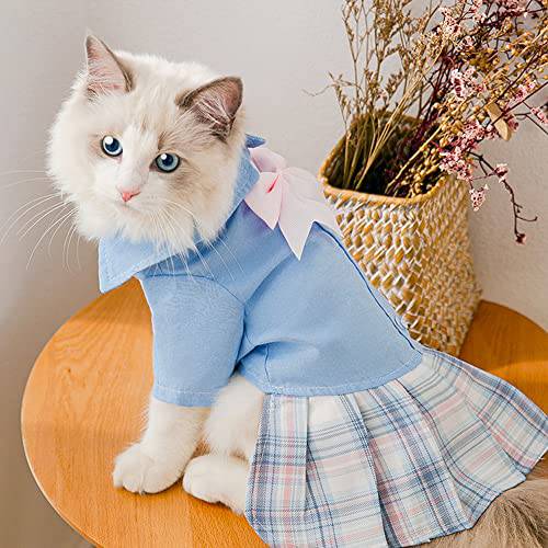 Cansnowe 스몰 애완동물 할로윈 고양이 강아지 학교 Uniform 스커트, 고양이 세일러 할로윈, 애완동물 Apparel 코스프레 파티  소형견 고양이 의류 (베이지 혼합 블루) M
