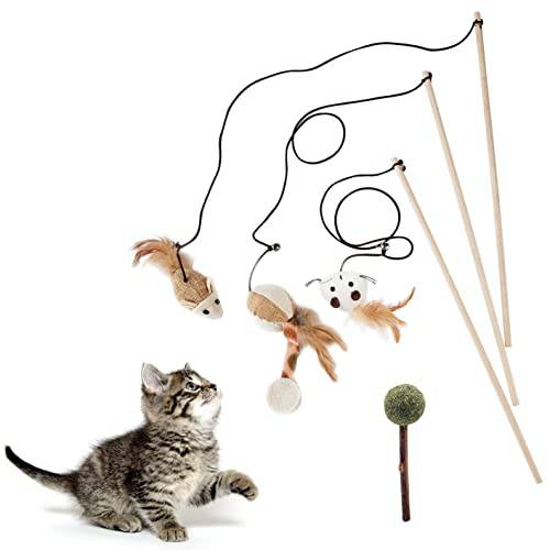 ROZZWILD 고양이 Teaser 3 PCS 체험형 고양이 장난감 세트 마우스 햄스터 풍선 16 인치 (40 cm) 고양이 Charmer 완드 견고한 내츄럴 우드 로드 오가닉 햄프 케이블 페더 탄력 로프 스몰 벨 캣닙 막대사탕