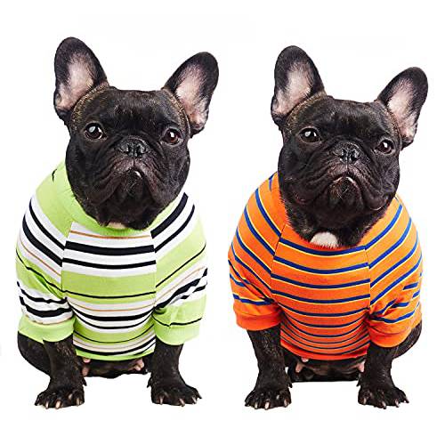 Wolspaw 2-Pack 줄무늬 강아지 셔츠 100% 코튼 애완동물 옷 보이 걸 Tee 셔츠 고양이 Tee 통기성 Strechy, 그린 오렌지 XS