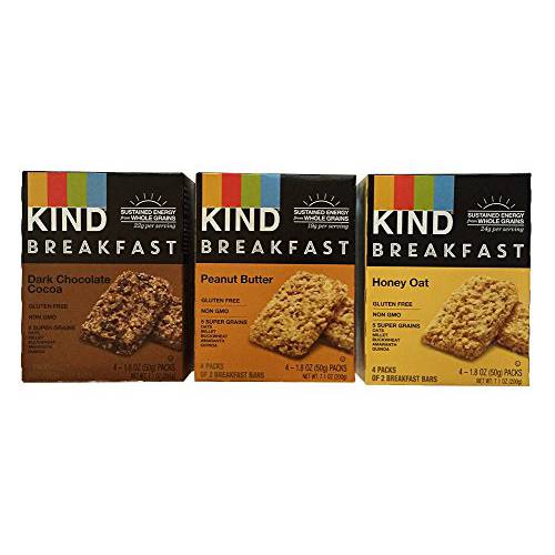 KIND Breakfast Bar Variety Bundle: Dark Chocolate Cocoa, Peanut Butter, Oats ’n Honey (1 box of each)