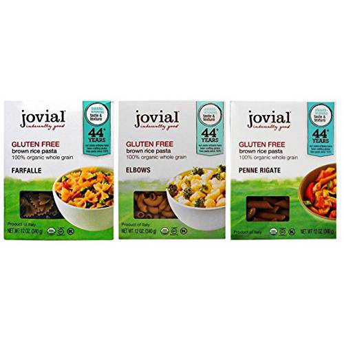 Jovial Farfalle Pasta | Jovial Elbows Pasta | Jovial Penne Rigate Pasta | Whole Grain Brown Rice Pasta | Gluten-Free | Non-GMO | Lower Carb | USDA Certified Organic | Made in Italy | 12 oz Each (3-pack)