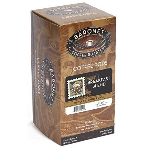 Baronet Coffee Breakfast Blend Coffee Pods - Regular - Light Roast - 3 Boxes of 18 Single Serve Coffee Pods - 54 Count, 10 Grams - Individually Wrapped for Freshness
