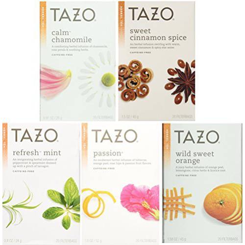 Tazo Herbal Tea 5 Flavor Variety Pack Sampler (Pack of 5, 100 Bags Total)