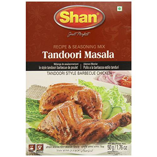 Shan Tandoori Recipe and Seasoning Mix 1.76 oz (50g) - Spice Powder for Tandoori Style Barbecue Chicken - Suitable for Vegetarians - Airtight Bag in a Box