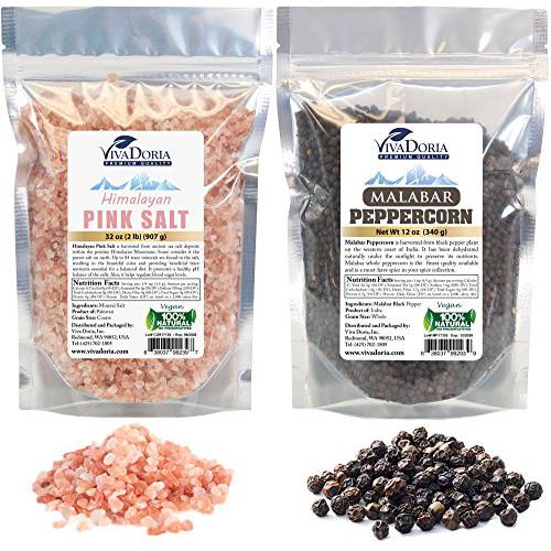 Viva Doria Malabar Black Peppercorns – Whole Black Pepper, 12 Oz (340g) & Himalayan Pink Salt, Coarse Grain, 2 lb (907g) For Grinder Refills