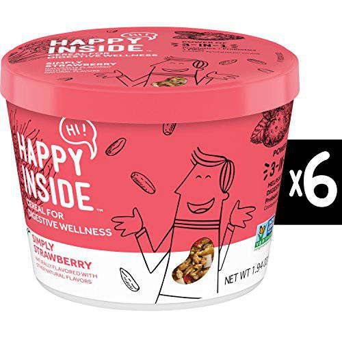 HI Happy Inside Breakfast Cereal, Simply Strawberry with Prebiotics, Probiotics and Fiber for Digestive Wellness, Non-GMO, 6 Cups
