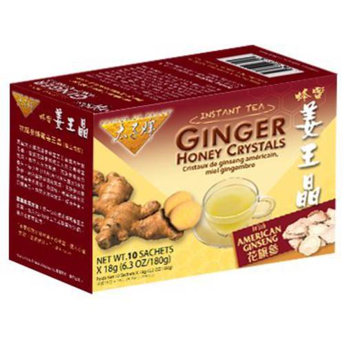 Prince of Peace Instant American Ginseng Ginger Honey Crystals, 10 Sachets – Instant Hot or Cold Beverage for Nausea Relief and Soothes Throat – Easy to Brew Ginger and Honey Crystals