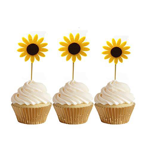 GEORLD 24pcs Sunflower Cupcake Toppers Party Picks Cake Sun Flower Decoration