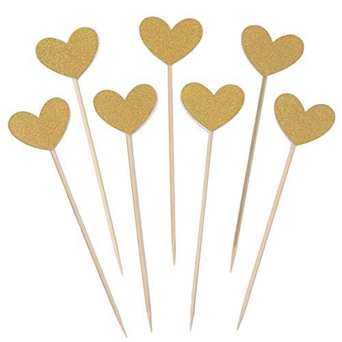 WARMBUY Gold Glitter Cupcake Cake Toppers, Double Sided Hearts, 50 Pack