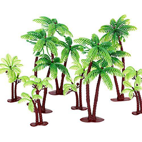 Jovitec 16 Pieces Plastic Green Palm Tree Coconuts Cupcake Topper Scale Scenery Miniature Palm Tree Figurines Micro Aquarium Garden Plant Building Model Landscape (3.15 inch-14 Pieces, 5.5 inch-2 Pieces)