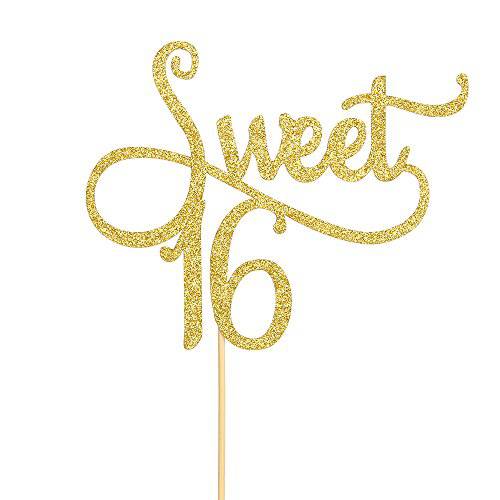 Gold Sweet 16 Cake Topper - Happy 16th Birthday Party Decoration Supplies - Sweet Sixteen Cake Topper