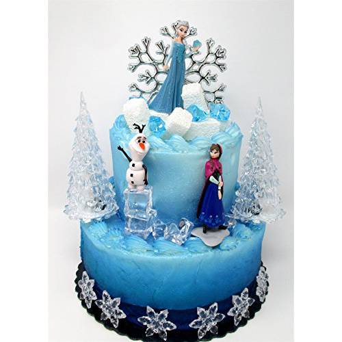 Winter Wonderland Princess Elsa Frozen Birthday Cake Topper Set Featuring Anna, Elsa, Olaf and Decorative Themed Accessories