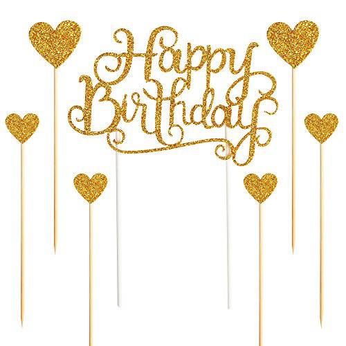 PALASASA Happy Birthday Cake Toppers Gold glitter lettershappy birthdayand love star,Party decor Decorations,Set of 7 (Gold)
