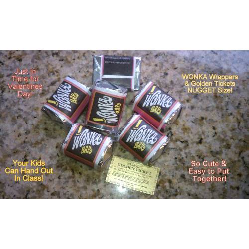 (30) NUGGET SIZED-WILLY WONKA CHOCOLATE BAR WRAPPERS & GOLDEN TICKETS-NO CHOCOLATE (replica)