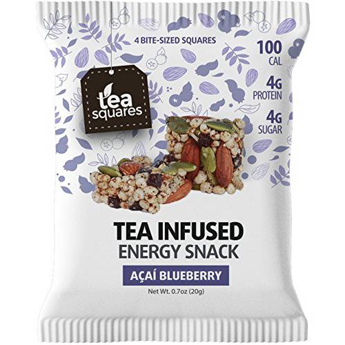 Superfood Energy Bar (Acai Blueberry Tea - 12 count) - Focus and Energy - Caffeinated - Organic Tea - Gluten Free - Vegan - Snack and Protein Bar - Tea Squares