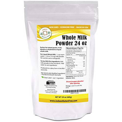 Judee’s Pure Whole Milk Powder 1.5 lb (24oz) - 100% Non-GMO, rBST Hormone-Free, Gluten-Free & Nut-Free - Pantry Staple, Baking Ready, Great for Travel, and Reconstituting - Made in USA