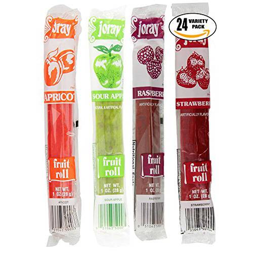 Joray Fruit Roll Variety Pack Apricot, Strawberry, Raspberry, Sour Apple.75 Oz Fruit Leather (Total of 24 Fruit Leathers)