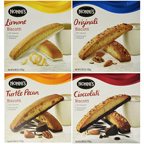 Nonni’s 4 Pack Biscotti Italian Cookies - 4 Boxes Italian Biscotti Cookies - Limone Originali Turtle Pecan & Cioccolati - Biscotti Individually Wrapped Cookies - 100 Calories - Kosher - 8 Cookies Per Box