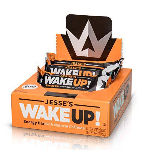 WAKE UP (1 Bar = 3 ESPRESSOS): Vegan, Gluten Free Energy Bar, 250mg Caffeine (Plant-Based), 110 Calories, Kosher Ingredients, Non GMO, Low Sugar, Dairy Free, Egg Free, Soy Free, Dark Chocolate Flavor Rice Crisp Bar to Boost Brain Focus, Clarity, Hours of Sustained Energy Fuel: 6 Pack - Jesse’s Wake UP Bars
