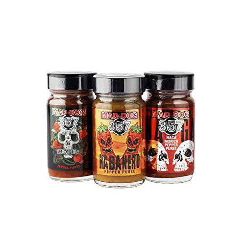 Mad Dog 357 Habanero/Carolina Reaper/Naga Morich Ghost Pepper Puree Three Jar Hot Pack