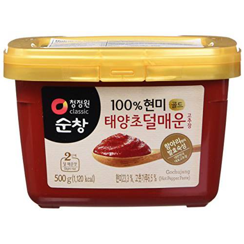 Chung Jung One O’Food Mild Hot Pepper Paste Gold (Gochujang), Chili Paste, Korean Traditional Sunchang Brown Rice Red Pepper Paste, 1.1lb, Mild Hot (500g)